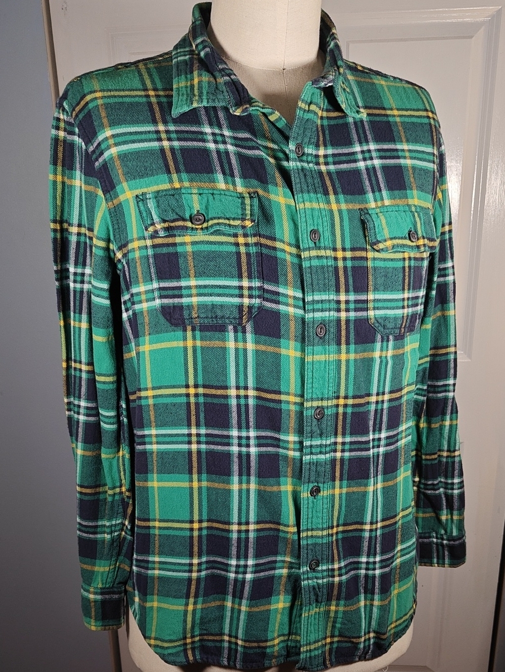 American Eagle Heritage Men's Green Black Yellow Plaid Flannel Shirt XXL